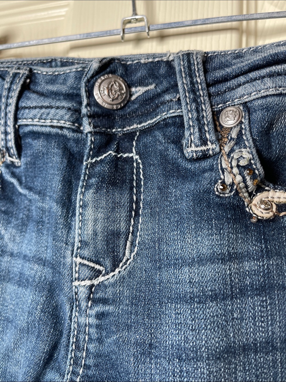 Grace in LA Blue Embroidered Flare Jeans with Rhinestone Cross Pockets - Picture 7 of 10
